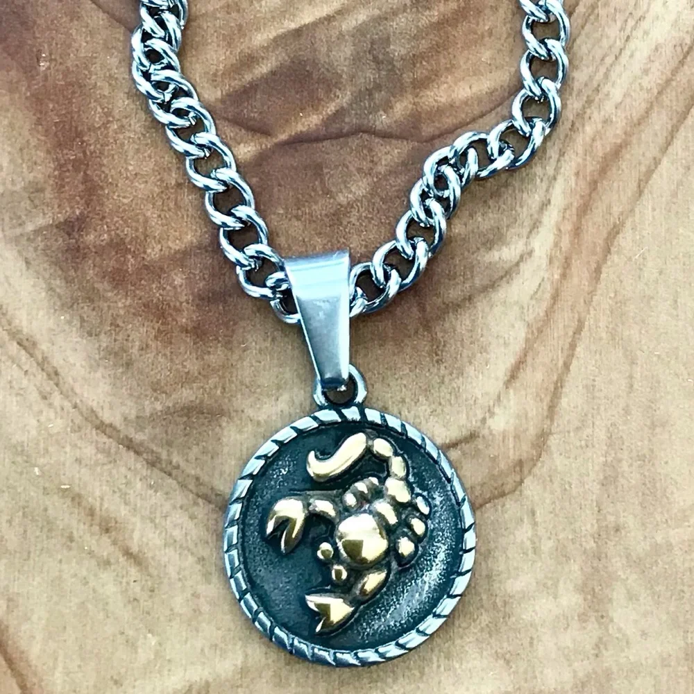 🆕 Scorpio Rustic Coin Pendant Necklace Stainless Steel
